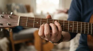 Close-up of fingers pressing frets on a beginner bass guitar neck