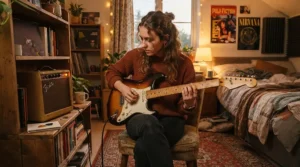 A beginner guitarist playing a modelling amp under £300 in a cosy British bedroom setup.