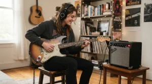 Practising quietly with headphones plugged into a compact modelling amp under £300 in a flat.