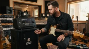 Browsing preset tone banks on a versatile modelling amp under £300 for indie rock sounds.
