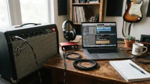 Connecting a portable modelling amp under £300 to a laptop for home studio USB recording.