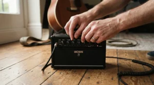 Testing built-in digital effects on an affordable modelling amp under £300 during a living room jam.