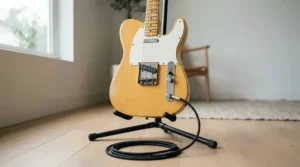 An electro classical guitar resting on a stand with a jack lead plugged into the output socket.