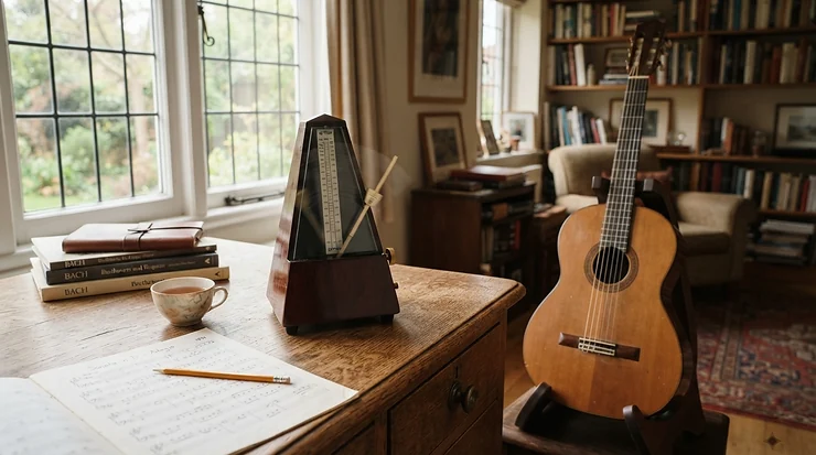 Practising rhythm timing with a metronome and a beginner bass guitar