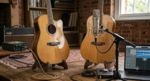 Home studio setup comparing microphone placement for an acoustic guitar alongside a direct line output for an electro acoustic guitar