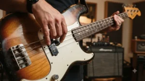 Close-up of fingerstyle plucking technique on a beginner bass guitar
