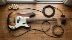 Essential session bassist gear featuring a professional 5-string bass guitar and multi-effects pedal