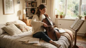 A beginner practicing chords on a short-scale bass guitar for small hands in a cosy bedroom setting
