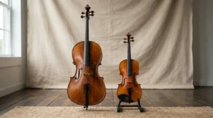 Demonstrating the compact body of a short-scale bass guitar for small hands next to a standard instrument