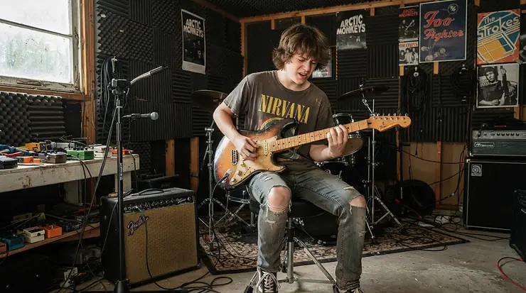 A younger musician playing a short-scale bass guitar for small hands during a local band rehearsal