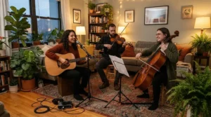 Relaxed acoustic jam session featuring a short-scale bass guitar for small hands plugged into a practice amp