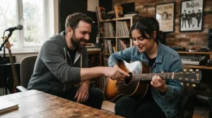 A music tutor guiding a student's hand placement on a short-scale bass guitar for small hands