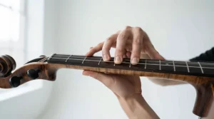 An anatomical illustration helping players evaluate fret reach on a short-scale bass guitar vs full-scale variant for comfortable playing.