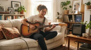 A beginner musician practising chords with a short-scale bass guitar vs full-scale setup in a typical British terraced house living room.