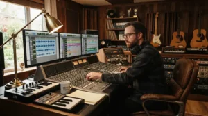 A professional producer reviewing the low-end frequency response of a short-scale bass guitar vs full-scale track in a UK studio.