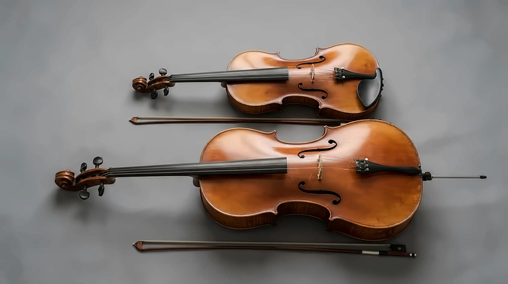 A clear size comparison illustration of a short-scale bass guitar vs full-scale model, showing neck length differences for British musicians.