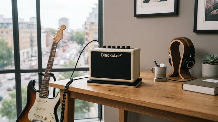 A compact valve amp for home practice positioned neatly on a desk in a city apartment study