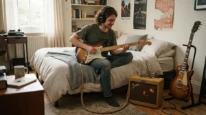 A dedicated bedroom player enjoying a valve amp for home practice with headphones plugged in