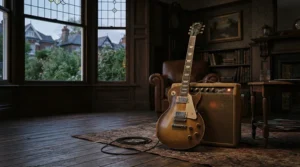 A silent-recording setup featuring a valve amp for home practice in a dimly lit Victorian terrace room