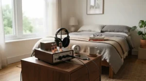 A low-wattage valve amp for home practice resting on a bedside table in a small modern flat