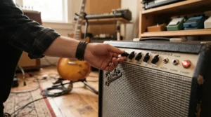 A guitarist adjusting the power attenuation dial on a valve amp for home practice in a flat