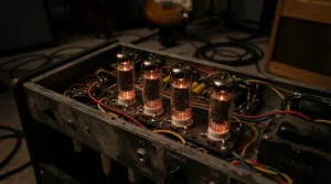 Close-up of glowing glowing glass valves on a valve amp for home practice showing tube saturation at low volume