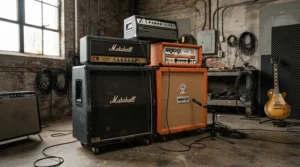 A complex dual-stack amp head and cabinet for metal arrangement in a spacious jam room
