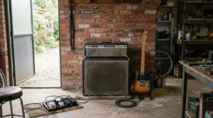 An aggressive amp head and cabinet for metal placed in a converted garage with concrete flooring