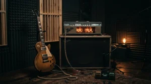 An amp head and cabinet for metal set up in a bedroom studio with dark walls and ambient lighting