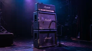 A touring amp head and cabinet for metal glowing under stage lights during a live heavy metal concert