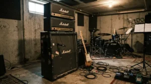 A powerful amp head and cabinet for metal positioned on a gritty underground rehearsal room floor