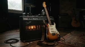 A musician tuning a dropped-D guitar next to an amp head and cabinet for metal in a moody den