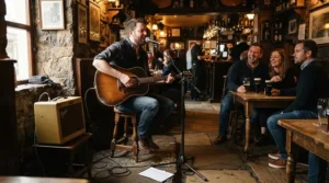 A performer using a gig-ready modelling amp for gigging in a crowded British pub corner