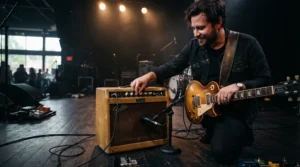 A musician setting up a modelling amp for gigging on a dimly lit music venue stage