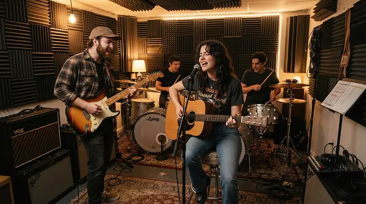 A band rehearsing with a versatile modelling amp for gigging in a cramped basement studio