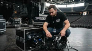 A sound engineer connecting a modelling amp for gigging to the main mixing desk