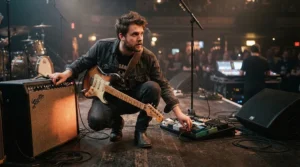 Checking stage volume levels beside a modelling amp for gigging prior to the show