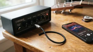 A practice amp for bedroom guitarists connected to a smartphone for playing along with backing tracks.