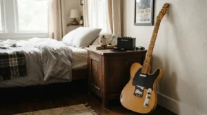 A lightweight practice amp for bedroom guitarists placed on a bedside table next to an electric guitar.