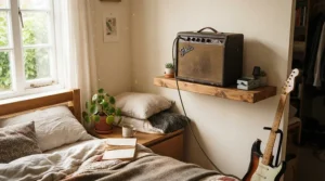 A small practice amp for bedroom guitarists positioned on a shelf in a terraced house spare room.
