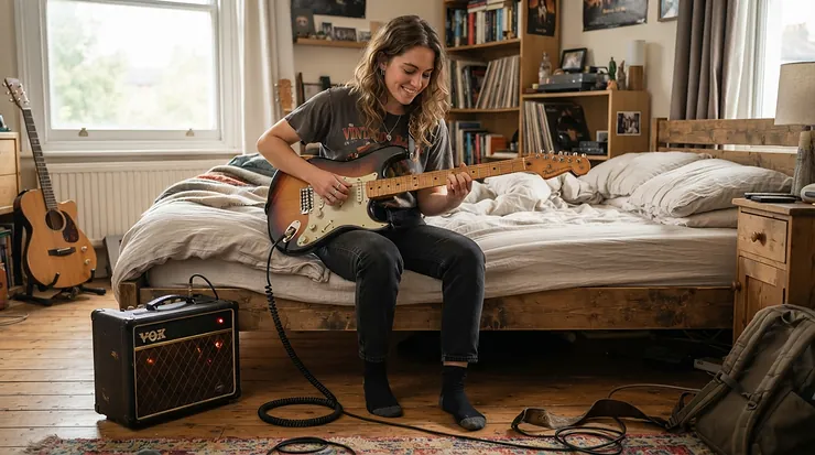 Relaxing with an electric guitar and a practice amp for bedroom guitarists during an evening at home.