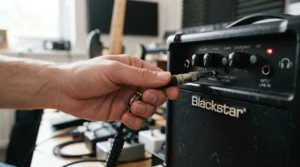 A guitarist plugging headphones into a practice amp for bedroom guitarists for silent playing.