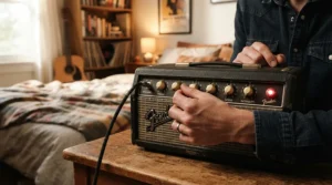Adjusting the tone controls on a practice amp for bedroom guitarists to get a rich sound at low volume.