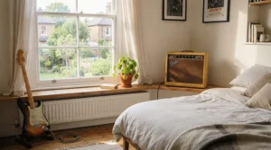 A practice amp for bedroom guitarists sitting by a window in a bright Victorian terrace home.