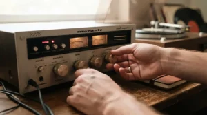 Close-up of dials on a solid-state amp for beginners showing built-in effects settings