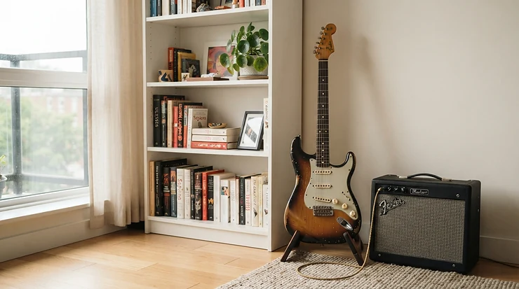 Compact solid-state amp for beginners neatly positioned in a modern British flat living room