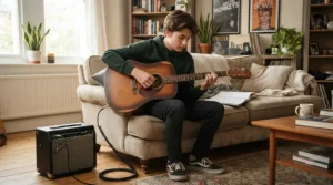 Teenager practising chord progressions through a solid-state amp for beginners with consistent tone