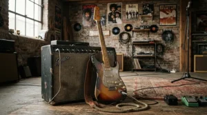 A rugged solid-state amp for beginners set up in a busy suburban garage rehearsal space