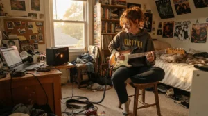 A beginner guitarist playing a solid-state amp for beginners in a cosy British bedroom setup