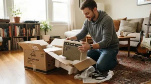 Unboxing a brand new low-maintenance solid-state amp for beginners on a wooden floor